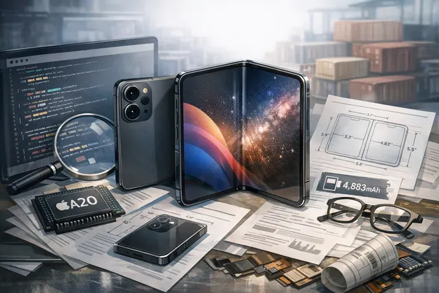 AI-generated conceptual image of a foldable iPhone Ultra displaying code strings and a dual-battery schematic.