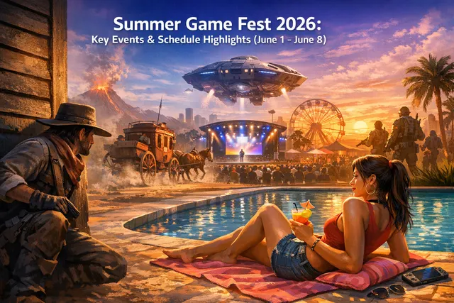 A digital illustration of a packed theater stage with glowing screens, representing the Summer Game Fest 2026 live showcase.