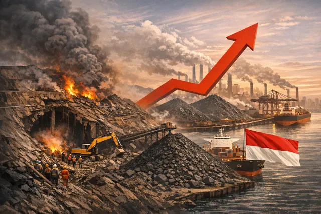Asian coal price surge visual: supply shock from China mine disaster, Indonesia export controls, and LNG spike converging in mid-2026.
