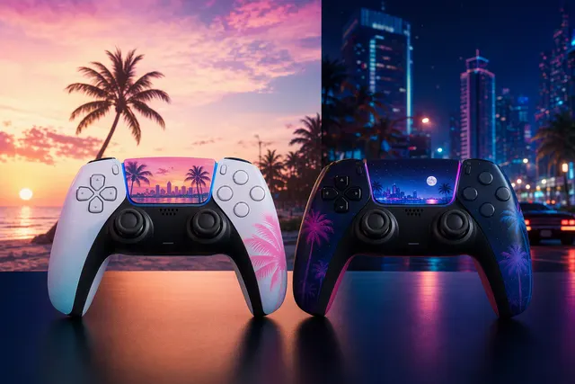 Black and white GTA 6 limited-edition DualSense controllers inspired by Vice City