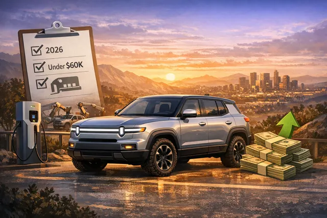 Rivian R2 electric SUV shown in profile, representing the company's first mass-market vehicle priced below $50,000 with production starting in spring 2026.