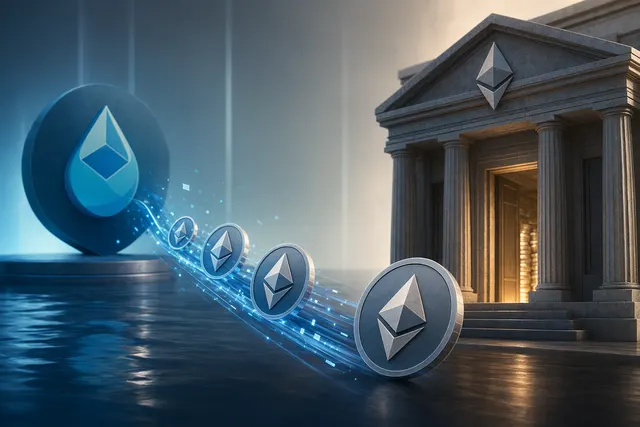 Editorial illustration of Ethereum treasury assets moving from Lido staking into liquid ETH