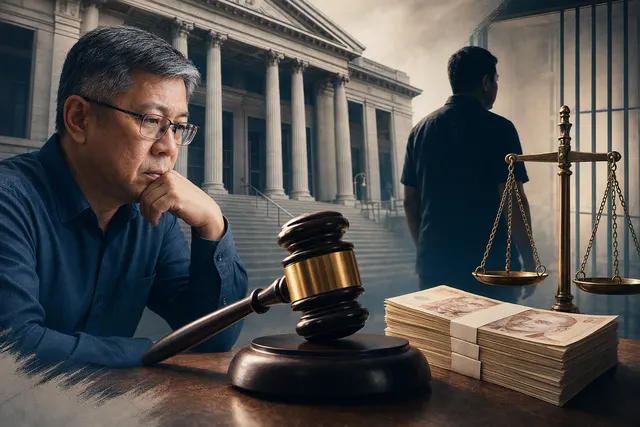 AI-generated editorial illustration accompanying the report on Leong Sze Hian’s bail forfeiture; not a documentary photograph.