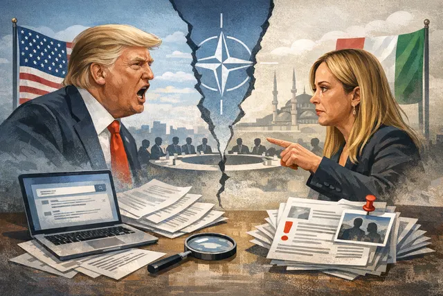 Editorial illustration of Donald Trump and Giorgia Meloni in a tense face-off, referencing their public feud and the G7 photo controversy.