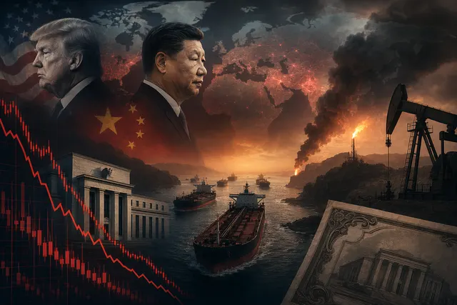 Illustration of global financial markets falling as oil prices surge amid geopolitical tensions