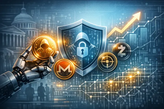 Abstract artwork representing a privacy crypto token surge, with glowing zcash, monero, and railgun symbols set against a backdrop of dark geometric shapes and regulatory warning s