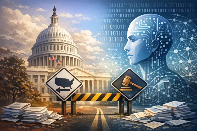 A legislative document and a futuristic AI interface representing the federal preemption debate over artificial intelligence regulation.