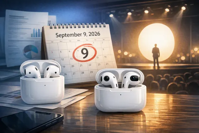Editorial illustration of rumored Apple AirPods 5 earbuds alongside a futuristic camera-equipped AI AirPods concept