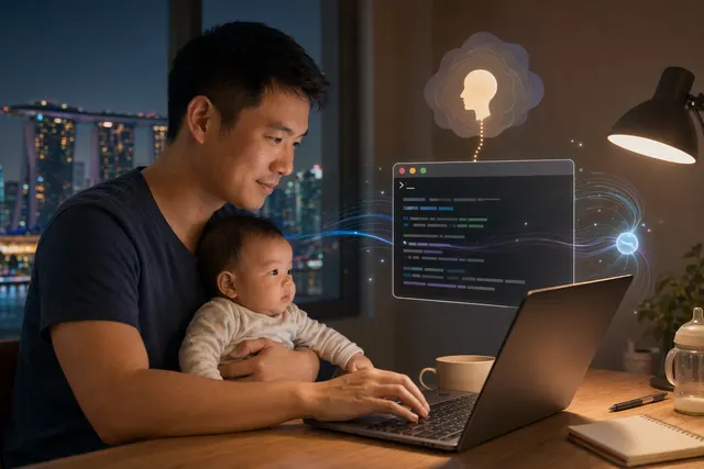 Illustration of a parent building a baby tracking app using an AI coding tool in a terminal