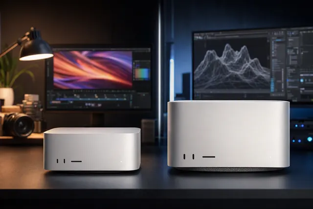 Apple Mac mini and Mac Studio desktop comparison illustration