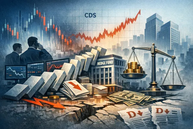 AI-generated editorial illustration showing the intersection of technology and finance: a stylized microchip with financial charts and credit default swap lines, representing the s