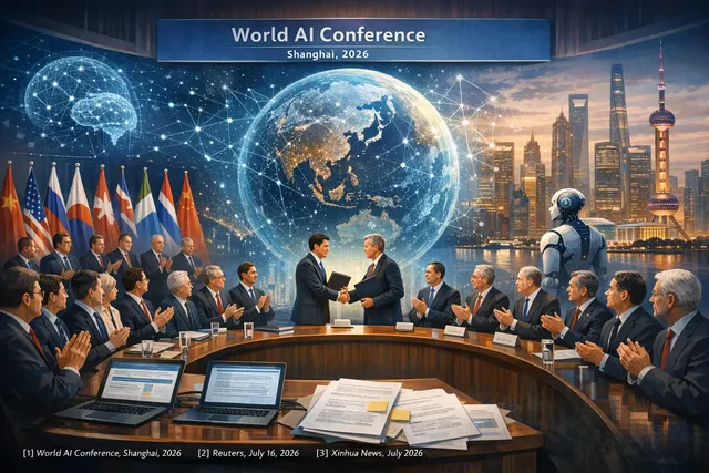 World leaders and diplomats at a signing ceremony in Shanghai establishing the World Artificial Intelligence Cooperation Organization (WAICO), with flags of multiple nations displa