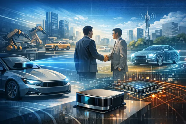 Conceptual illustration of ECARX and TPK's ORCA LiDAR platform, showing a sleek autonomous vehicle sensor array with laser scanning beams against a futuristic city backdrop.