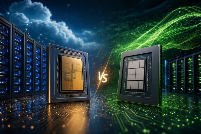Illustration of Amazon Trainium AI chips competing with Nvidia GPUs in cloud AI infrastructure
