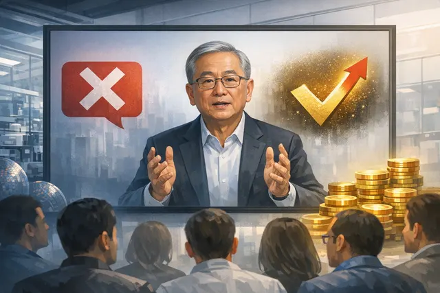 TSMC Chairman and CEO C.C. Wei addressing employees at a company-wide town hall