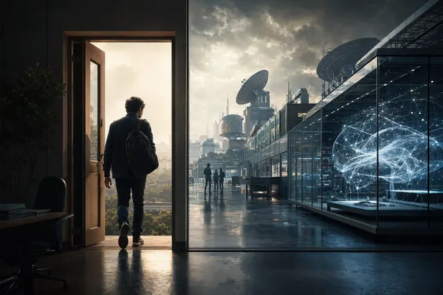 Editorial illustration representing the race to self-improving artificial intelligence and AI safety concerns