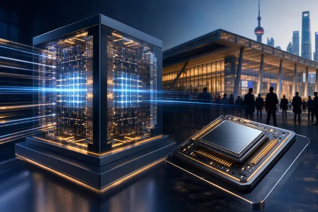 Editorial illustration of photonic computing hardware for AI inference