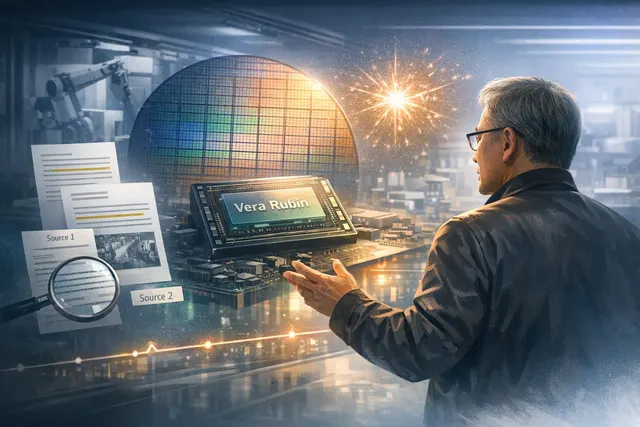 A conceptual illustration of the Nvidia Vera Rubin AI chip platform with a data center background, representing next-generation AI infrastructure.