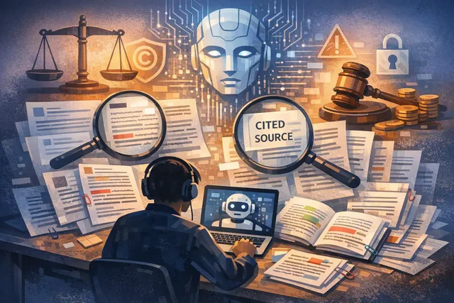 Visual concept representing the clash between AI search engines and publisher copyright, featuring news headlines and legal documents in a digital grid.