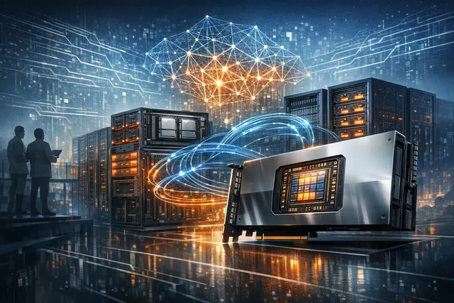 Editorial illustration of AMD’s MI455X accelerator and Helios rack-scale AI system
