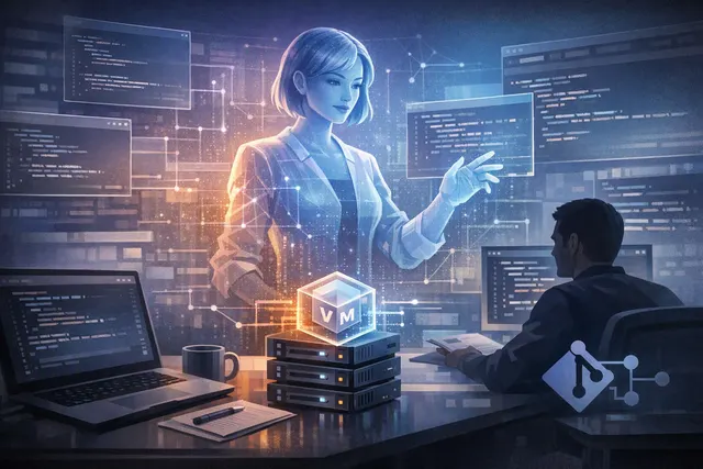 Illustration of an AI coding agent working asynchronously on a software repository and preparing a pull request
