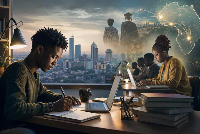 Editorial illustration of Kenya’s online academic ghostwriting market being disrupted by generative AI