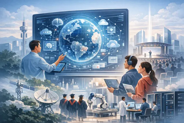 Illustration of an AI-enabled education ecosystem connecting classrooms, cloud platforms, intelligent networks and ICT learners