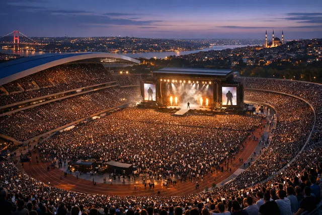Ye performing on a spherical stage at Atatürk Olympic Stadium in Istanbul in front of 118,000 fans