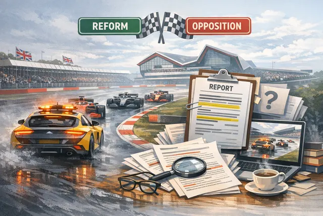 AI-generated image of Charles Leclerc crossing the finish line at Silverstone under a safety car, with fans booing in the stands
