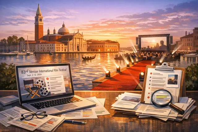 AI-generated illustration of the Venice Film Festival on the Lido, with a red carpet and cinema facade.
