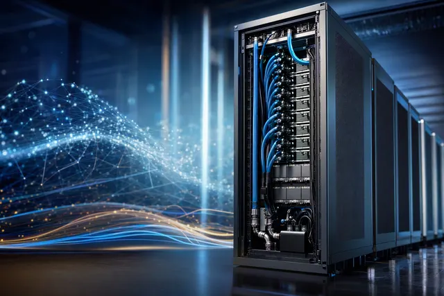 Illustration of a liquid-cooled data-center server rack representing Supermicro’s NVIDIA Vera CPU system