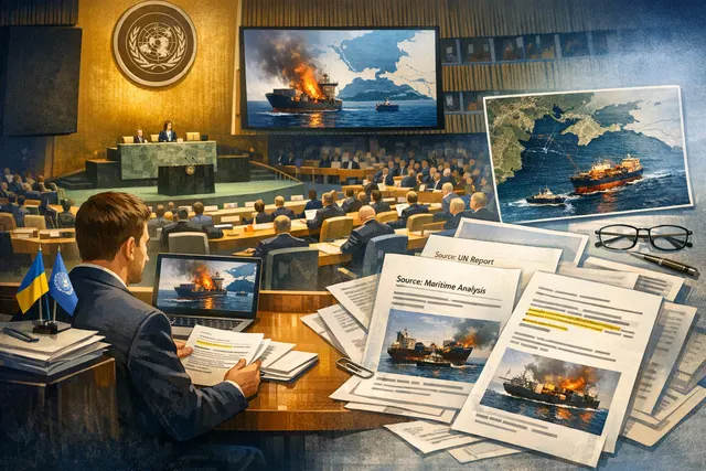 An AI-generated visual representing a cargo ship in the Black Sea under threat, with grain silos and market charts in the background, illustrating the 2026 naval escalation that ha