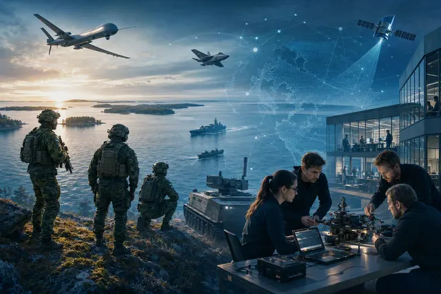 AI-generated editorial illustration accompanying coverage of the EDF–Archangel defence technology agreement