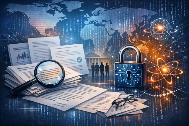 Abstract visualization of quantum-resistant encryption, showing a key and digital code patterns against a dark blue background with glowing particles.