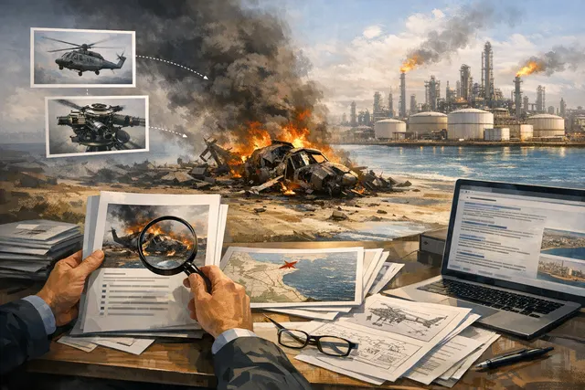 An AI-generated editorial image depicting a helicopter silhouette over an oil refinery complex, illustrating the Saudi Aramco helicopter crash in Ras Tanura.