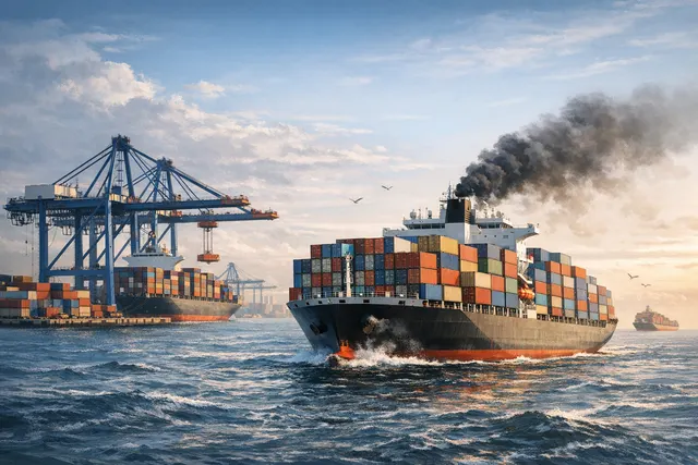 Aerial view of a container ship navigating a narrow channel between rocky shores, symbolizing cautious commercial transit through the conflict-disrupted Strait of Hormuz.