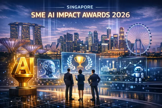Singapore SME AI Impact Awards 2026 concept showing a trophy and a digital network of small businesses connected by AI technology, with the Singapore skyline in the background.