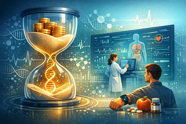 Illustration representing AI-driven preventive health platform analyzing blood biomarkers for early disease detection