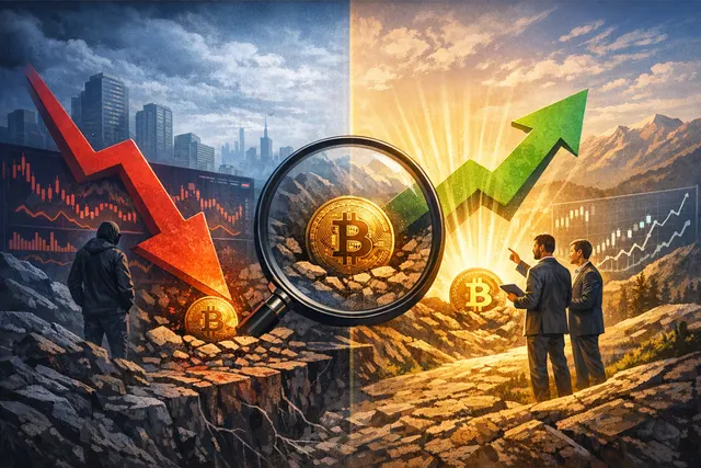 Digital illustration of a divided Bitcoin coin over a trading chart, representing analyst disagreement on whether the 2026 bear market has bottomed