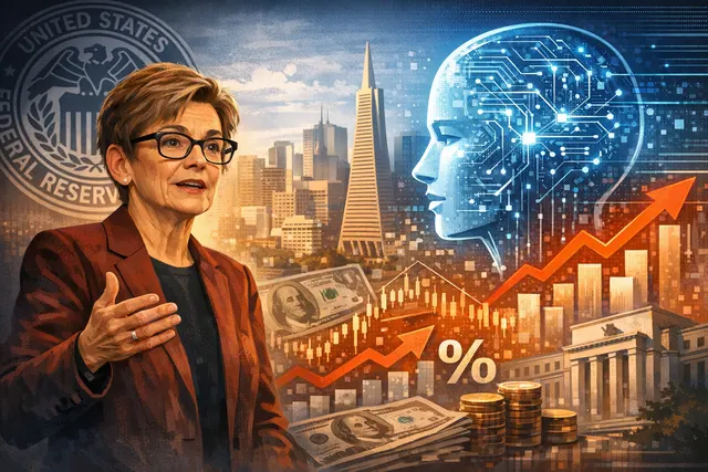 Federal Reserve building with a digital overlay representing artificial intelligence and economic graphs, symbolizing the intersection of AI and monetary policy.