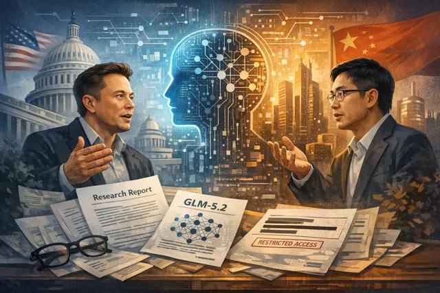 Abstract digital illustration representing the US-China AI timeline debate between Elon Musk and Z.ai co-founder Tang Jie, with Anthropic's model ban and Z.ai's GLM-5.2 release as