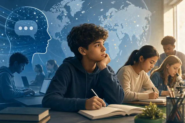 Editorial illustration of students using AI tools in a classroom