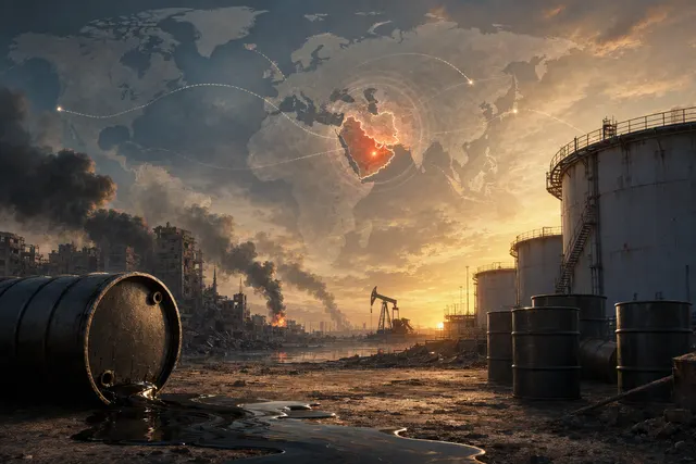 AI-generated editorial illustration representing depleted oil inventories and recovering Middle East shipments