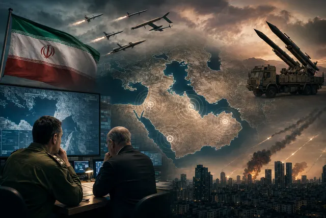 Illustration of missiles and drones over the Middle East symbolizing rising tensions between Iran, Israel, and Gulf states