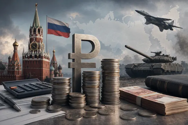 AI-generated editorial illustration for a report on Russia’s draft 2027 budget