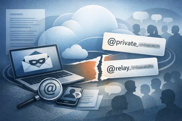 Illustration of Apple privacy email aliases and the change from iCloud.com to private.icloud.com