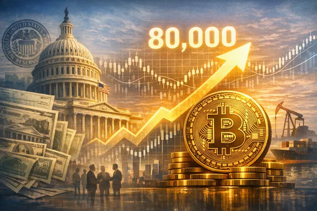 Illustration of Bitcoin rising above the $80,000 price level amid market charts and Treasury bond signals