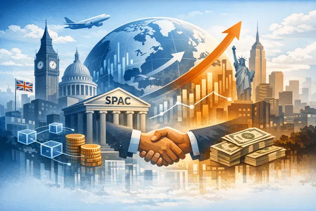 Abstract visualization of OpenPayd’s $1.145 billion Nasdaq SPAC merger bridging fiat currency and blockchain networks.