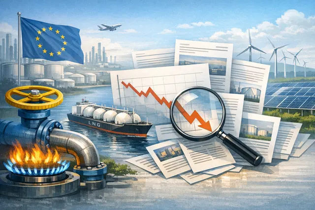 AI-generated editorial illustration of European natural gas prices dropping sharply amid Middle East conflict, with gas storage tanks, LNG terminal, and Strait of Hormuz shipping l