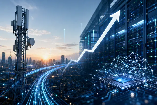 Concept illustration of AI data centers and high-speed networking infrastructure representing Nokia’s role in AI connectivity